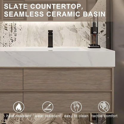 40”-72”Floating Bathroom Vanity with Asymmetrical LED Mirror & Open Shelf, Light Oak Wall Mounted Vanity with Marble Top