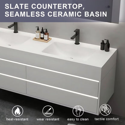 40”-64” Double Sink Floating Bathroom Vanity with LED Backlit Mirror, Wall Mounted White Vanity with Storage Drawers