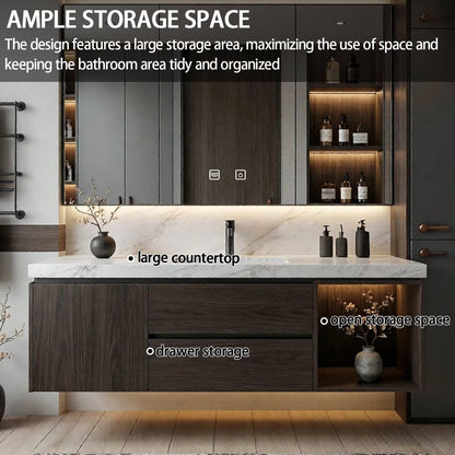 40”-64”Single Sink Floating Bathroom Vanity with LED Mirror Cabinet, Dark Walnut Wood Cabinet