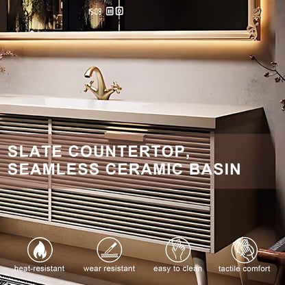 40”-64”Single Sink Freestanding Bathroom Vanity with Ornate LED Mirror, White Fluted Cabinet
