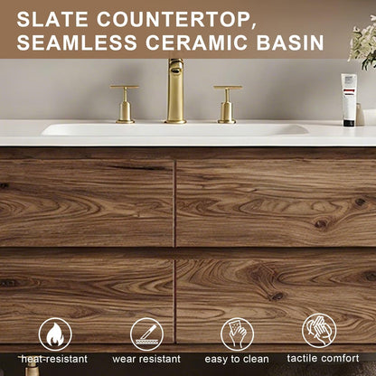 40”-64”Freestanding Bathroom Vanity with LED Mirror Cabinet, Walnut Wood Vanity with White Top & Open Storage Shelf