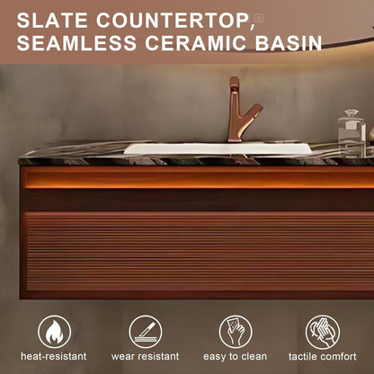 40”-72” Floating Bathroom Vanity with Curved LED Defog Mirror, Wall Mounted Walnut Vanity with Marble Top & Storage Drawers