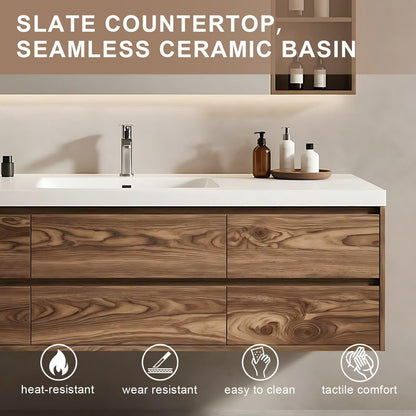 40”-64” Floating Double Sink Bathroom Vanity with LED Defog Mirror, Wall Mounted Wood Vanity Combo with Storage Drawers & Open Shelf