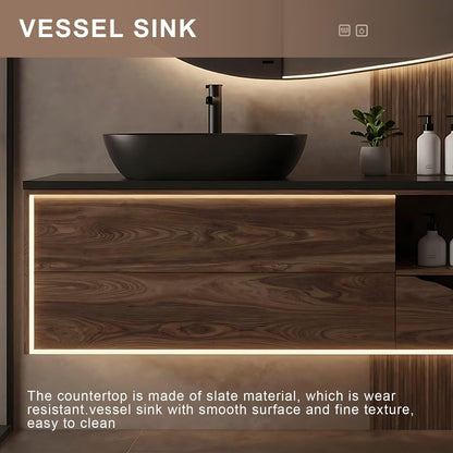 40”-64”Single Sink Floating Bathroom Vanity, Irregular LED Mirror & Walnut Cabinet