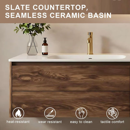 40”-72”Floating Bathroom Vanity with Sink & LED Defog Mirror, Wall Mounted Walnut Wood Vanity with Storage Drawers, Modern Bathroom Cabinet