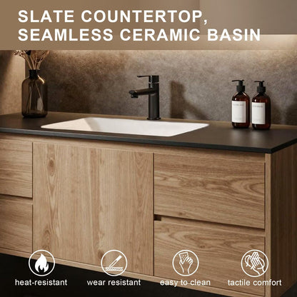 40”-64”Wall Mounted Bathroom Vanity with LED Mirror, Wood Floating Cabinet with Ceramic Sink, Modern Storage Set, Natural