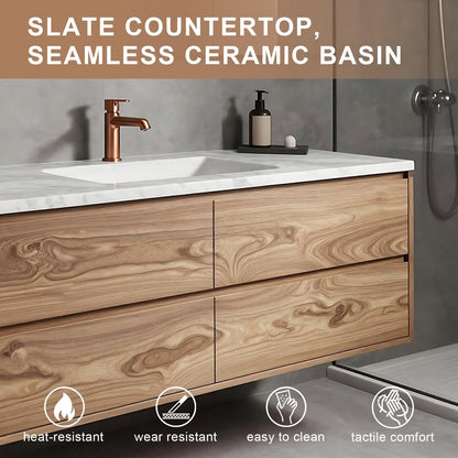 40”-64”Single Sink Floating Bathroom Vanity, Walnut Wood Cabinet with Marble Top & LED Mirror