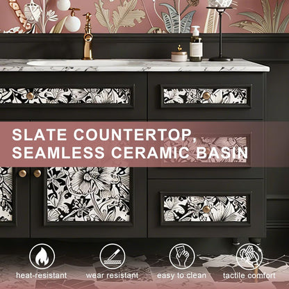 40”-64”Freestanding Bathroom Vanity with Oval Black Mirror, Black Wood Vanity with Marble Top & Floral Inlay
