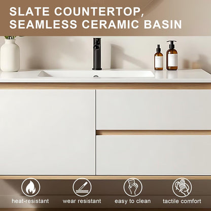 40”-64”Floating Bathroom Vanity with Round LED Defog Mirror, Wall Mounted White & Wood Vanity with Storage Drawers, Modern Cabinet