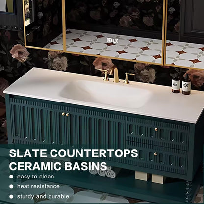40"-68"Vintage Style Bathroom Vanity with Marble Top & Gold Hardware, Mid-Century
