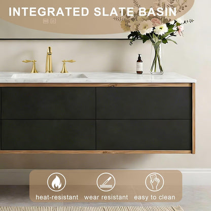 40”-64”Double Sink Floating Bathroom Vanity, Light Oak Wall Mounted Vanity with White Marble Top & Gold Hardware