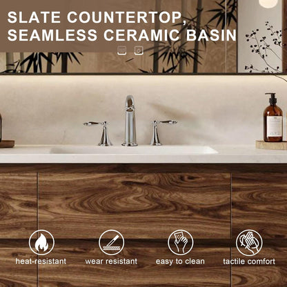 40”-64”Single Sink Floating Bathroom Vanity with LED Backlit Mirror, Walnut Wood Cabinet
