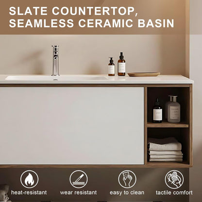 40”-64”Floating Bathroom Vanity with Oval LED Defog Mirror, Wall Mounted White Vanity with Open Storage Shelf