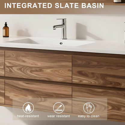 40”-64”Floating Bathroom Vanity with LED Mirror Cabinet, Wall Mounted Walnut Wood Vanity with Storage Drawers & Open Shelf
