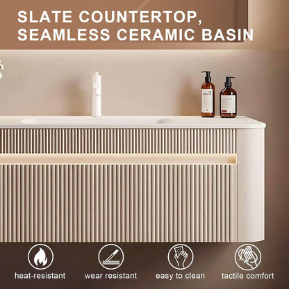 40”-64” Floating Bathroom Vanity with LED Round Defog Mirror, Wall Mounted Cream White Vanity Combo with Storage Drawers, Modern Cabinet