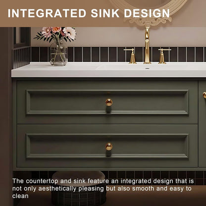 40”-64”Floating Bathroom Vanity with Ornate Gold Oval LED Mirror, Olive Green Vanity with White Top & Gold Hardware