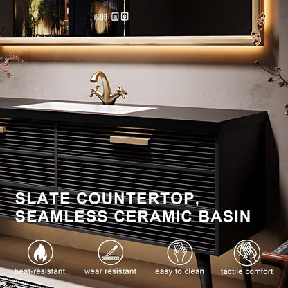40”-64”Single Sink Freestanding Bathroom Vanity with Ornate LED Mirror, Black Fluted Cabinet