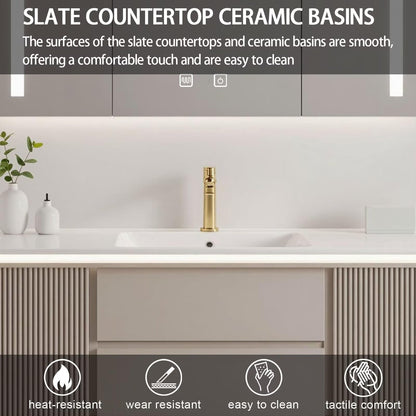 40"-64"Modern Cream Bathroom Vanity with Ribbed Front & Integrated Sink, LED Lighting