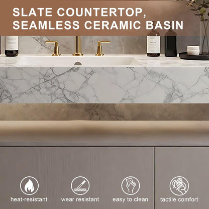 40”-64”Modern Floating Bathroom Vanity w/LED Light Mirror & Marble Pattern Top, Wall Mounted Double Sink Vanity Combo with Storage Drawers