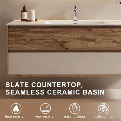 40”-64”Floating Bathroom Vanity with LED Backlit Mirror & Open Shelf, Walnut Wood Wall Mounted Vanity with White Top