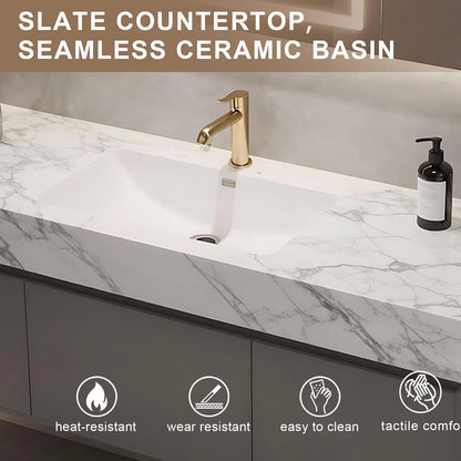 40”-64”Floating Bathroom Vanity with LED Smart Mirror Cabinet, Wall Mounted Gray Vanity with Marble Top & Storage