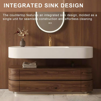 40”-64”Floating Bathroom Vanity with Oval LED Defog Mirror, Wall Mounted Walnut Wood Vanity with Integrated Sink & Storage Drawers