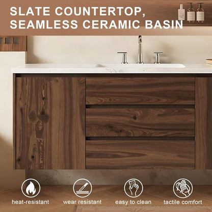 40”-64”Single Sink Floating Bathroom Vanity, Walnut Cabinet with LED Mirror & Open Shelf