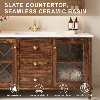 40”-64”Vintage Bathroom Vanity with LED Smart Mirror, Walnut Wood Vanity with Marble Top, Glass Doors & Gold Hardware, Farmhouse Cabinet