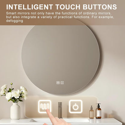 40”-64”Floating Bathroom Vanity with Round LED Defog Mirror, Wall Mounted White & Wood Vanity with Storage Drawers, Modern Cabinet
