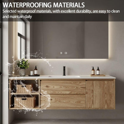40"-64"Floating Oak Bathroom Vanity with Open Shelf & LED Backlit Mirror Cabinet