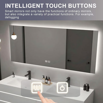 40”-64” Double Sink Floating Bathroom Vanity with LED Backlit Mirror, Wall Mounted White Vanity with Storage Drawers