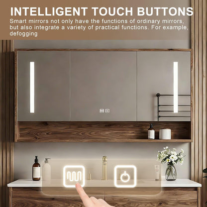 40”-64”Freestanding Bathroom Vanity with LED Mirror Cabinet, Walnut Wood Vanity with White Top & Open Storage Shelf