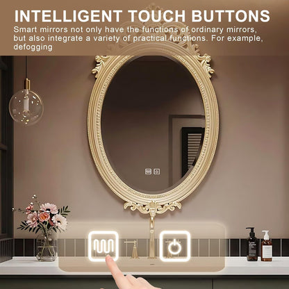 40”-64”Floating Bathroom Vanity with Ornate Gold Oval LED Mirror, Olive Green Vanity with White Top & Gold Hardware