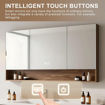 40”-64”Floating Bathroom Vanity with LED Mirror Cabinet, Wall Mounted Walnut Wood Vanity with Storage Drawers & Open Shelf