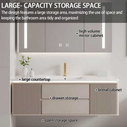 40"-64"Modern Cream Bathroom Vanity with Ribbed Front & Integrated Sink, LED Lighting