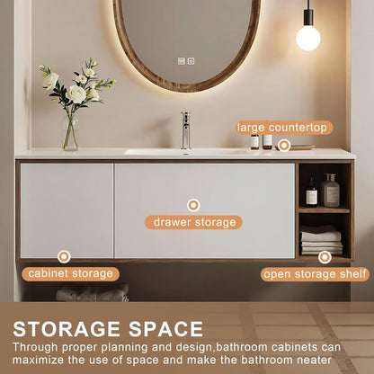 40”-64”Floating Bathroom Vanity with Oval LED Defog Mirror, Wall Mounted White Vanity with Open Storage Shelf