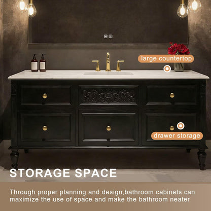 40”-64”Single Sink Freestanding Bathroom Vanity, Black Carved Cabinet with Gold Hardware