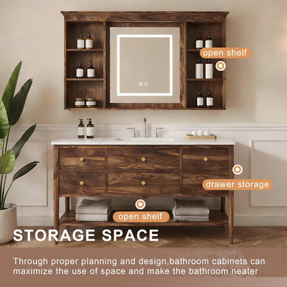 40”-64”Single Sink Freestanding Bathroom Vanity, Walnut Cabinet with LED Mirror & Hutch
