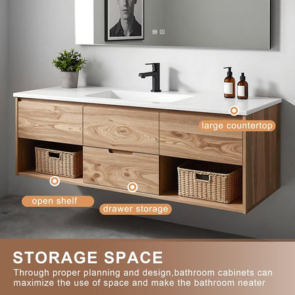 40”-64”Floating Bathroom Vanity with Sink & LED Defog Mirror, Wall Mounted Oak Wood Vanity with Storage Drawers, Modern Bathroom Cabinet