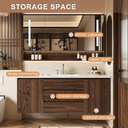 40”-64”Single Sink Floating Bathroom Vanity, Walnut Cabinet with LED Mirror & Open Shelf