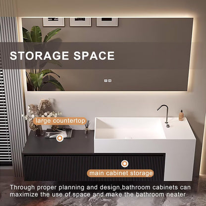 40”-72”Single Sink Floating Bathroom Vanity with LED Backlit Mirror, Black Fluted Cabinet