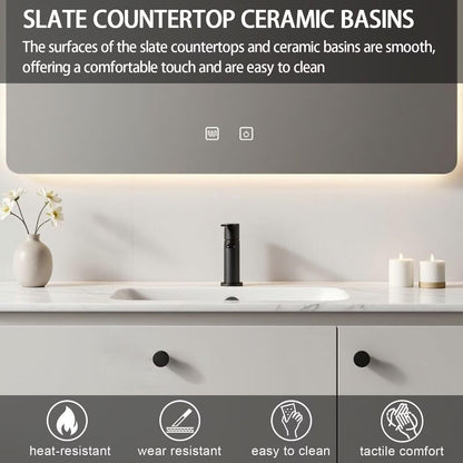 40"-64"Modern White Floating Bathroom Vanity Set with Marble Top & LED Mirror
