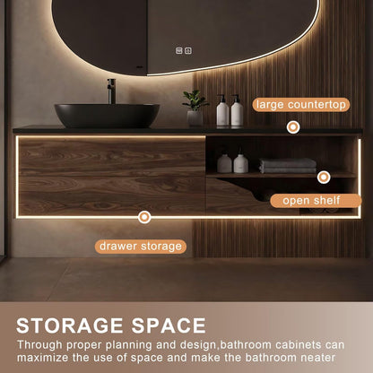 40”-64”Single Sink Floating Bathroom Vanity, Irregular LED Mirror & Walnut Cabinet