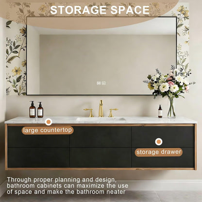 40”-64”Double Sink Floating Bathroom Vanity, Light Oak Wall Mounted Vanity with White Marble Top & Gold Hardware