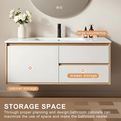 40”-64”Floating Bathroom Vanity with Round LED Defog Mirror, Wall Mounted White & Wood Vanity with Storage Drawers, Modern Cabinet