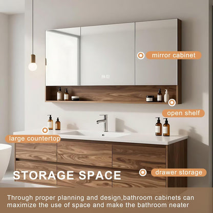 40”-64”Floating Bathroom Vanity with LED Mirror Cabinet, Wall Mounted Walnut Wood Vanity with Storage Drawers & Open Shelf