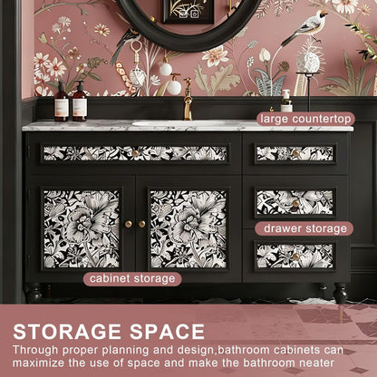 40”-64”Freestanding Bathroom Vanity with Oval Black Mirror, Black Wood Vanity with Marble Top & Floral Inlay