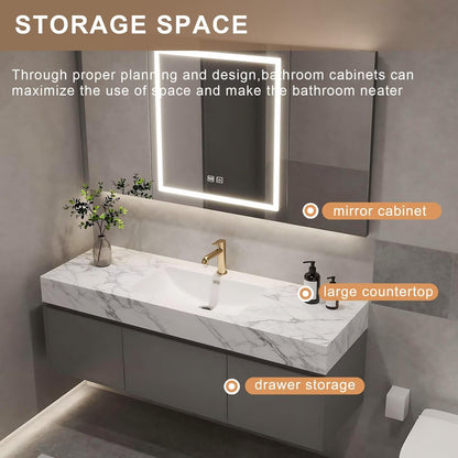 40”-64”Floating Bathroom Vanity with LED Smart Mirror Cabinet, Wall Mounted Gray Vanity with Marble Top & Storage
