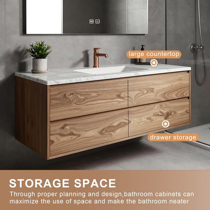 40”-64”Single Sink Floating Bathroom Vanity, Walnut Wood Cabinet with Marble Top & LED Mirror