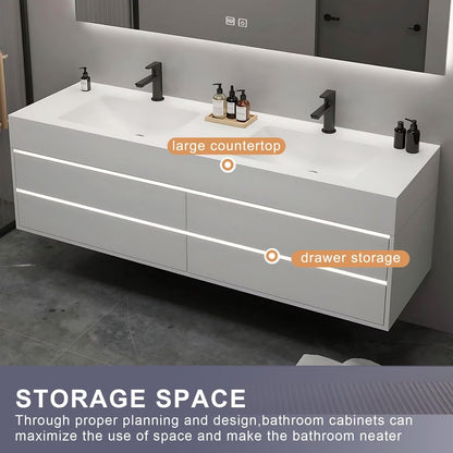 40”-64” Double Sink Floating Bathroom Vanity with LED Backlit Mirror, Wall Mounted White Vanity with Storage Drawers